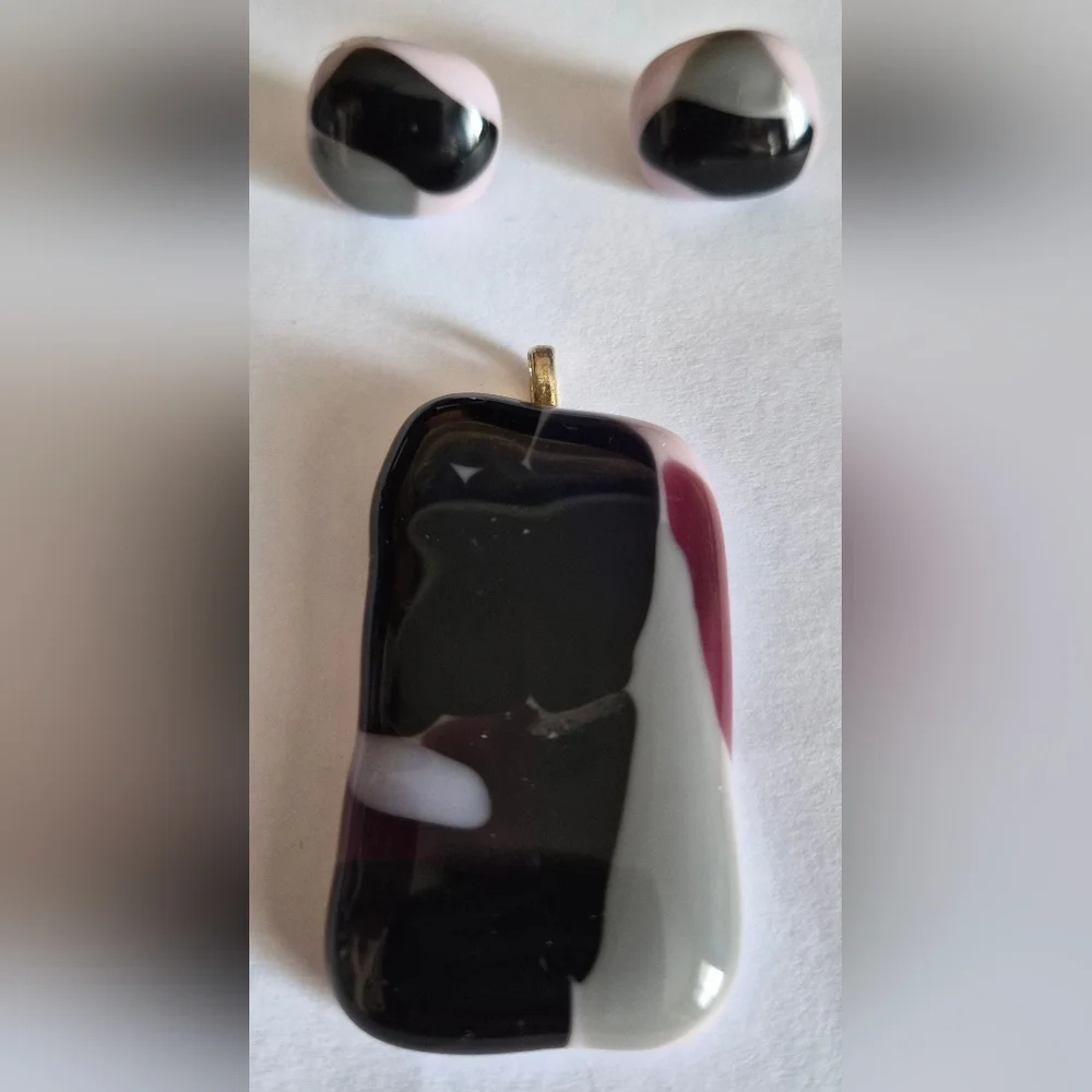 Handmade Black, White & Pink Glass Pendant and Earring Set